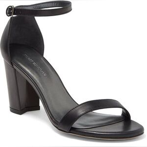 Stuart Weitzman NearlyNude Ankle Strap Block Heel Black Leather Sandals Size 9